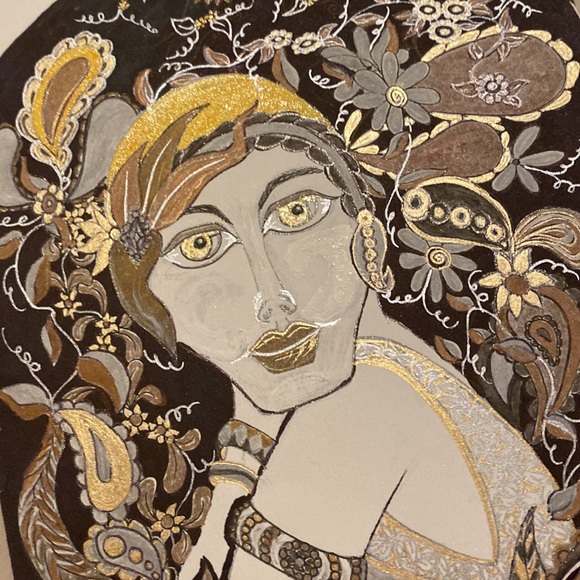 Unframed Original Art Drawing Illustration Metallic Flapper Portrait - Picture 1 of 5